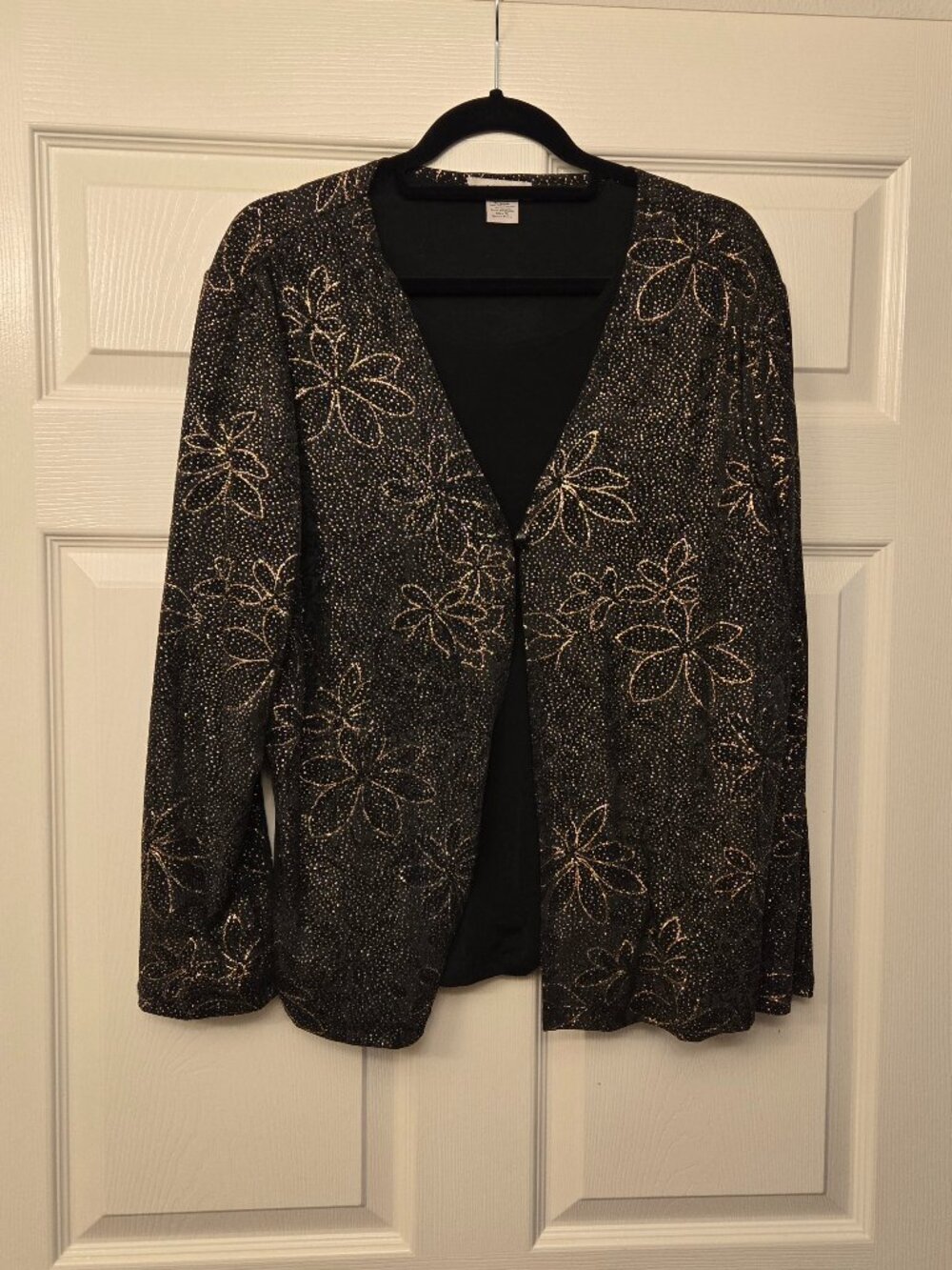 Notations - Black sparkly blouse with a gold accent pattern, size XL.